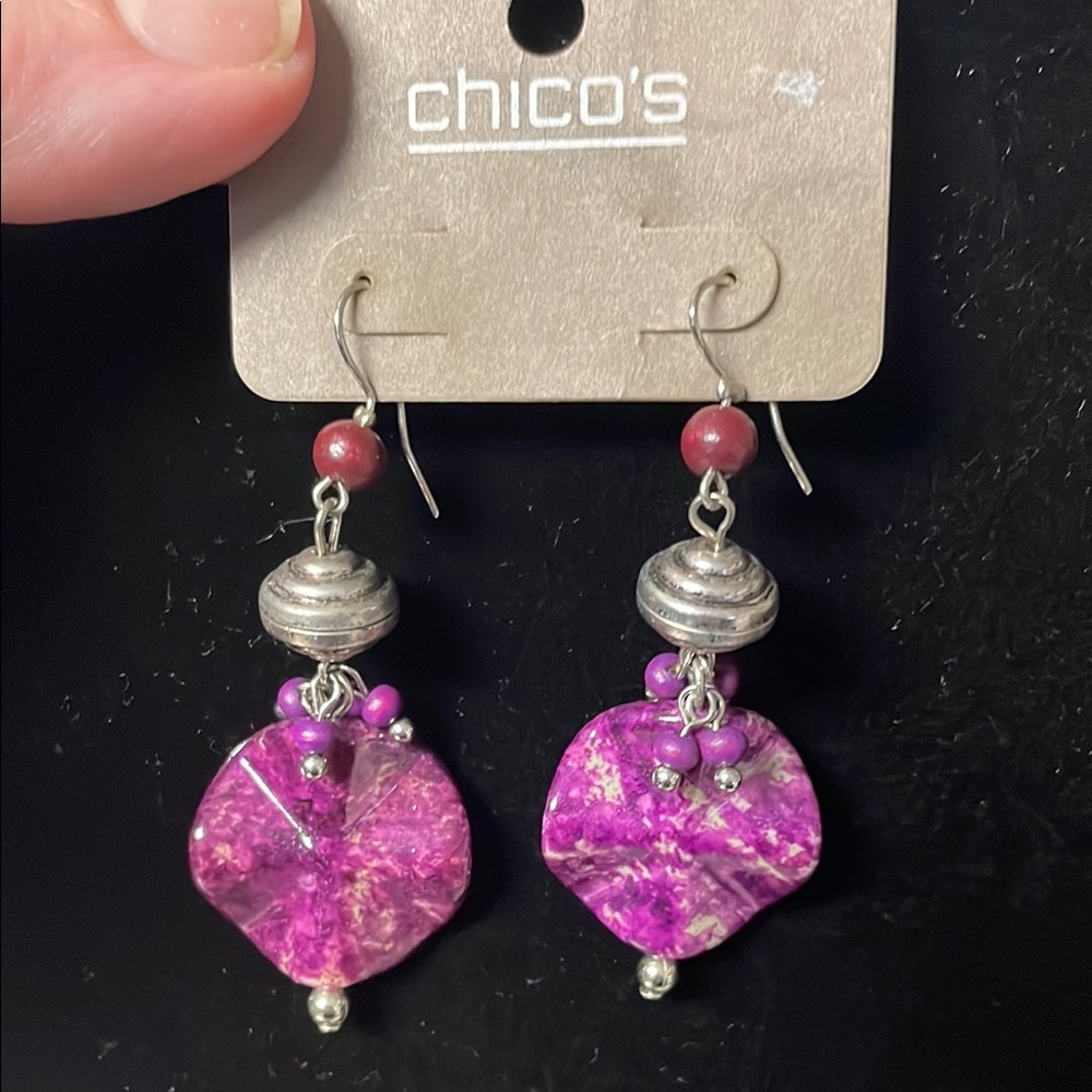 Chico's Fuchsia and Silver Dangle Earrings with Diamond Beads